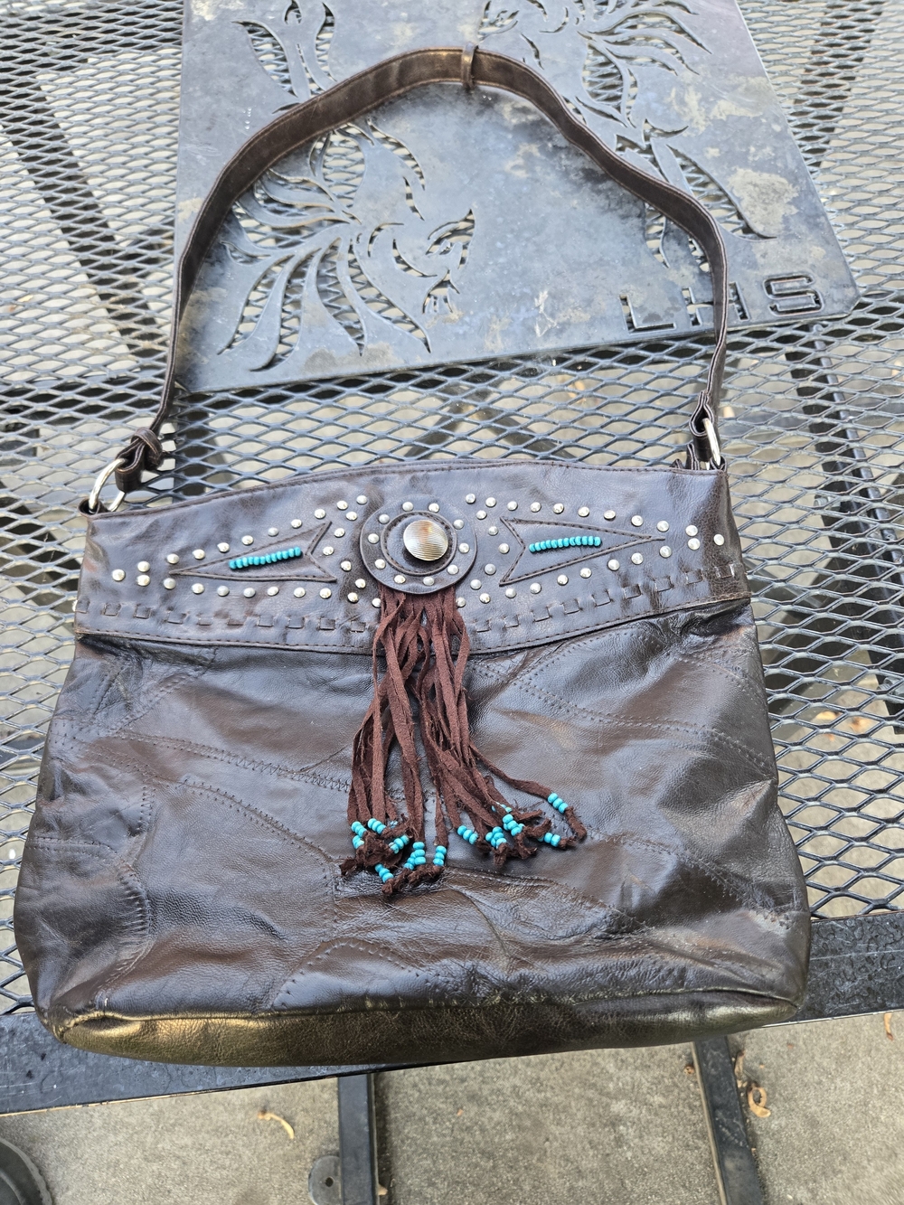 Women's Brown Leather Beaded Fringe Shoulder Bag